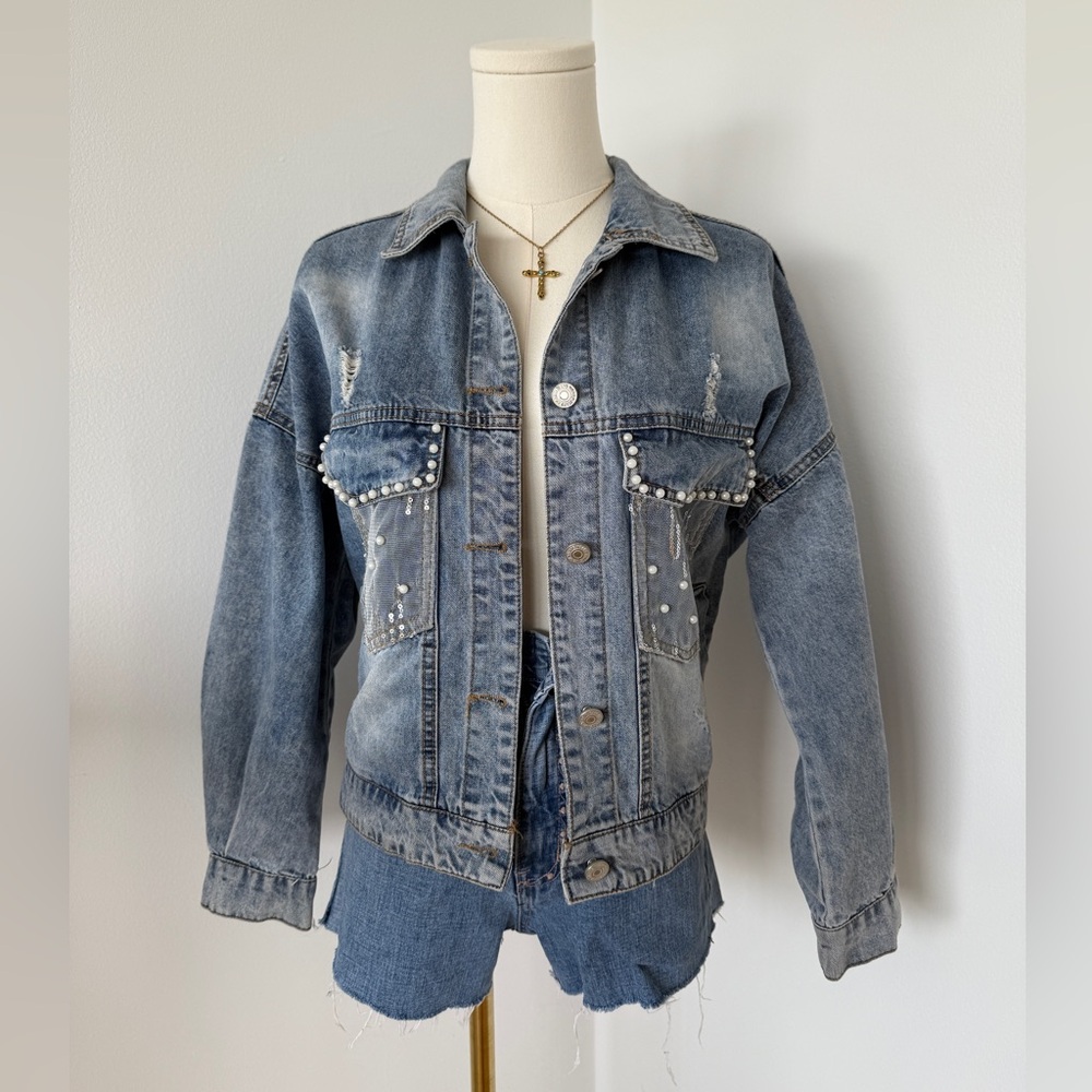Embellished Pearl/Sequin Distressed Denim Jacket — M